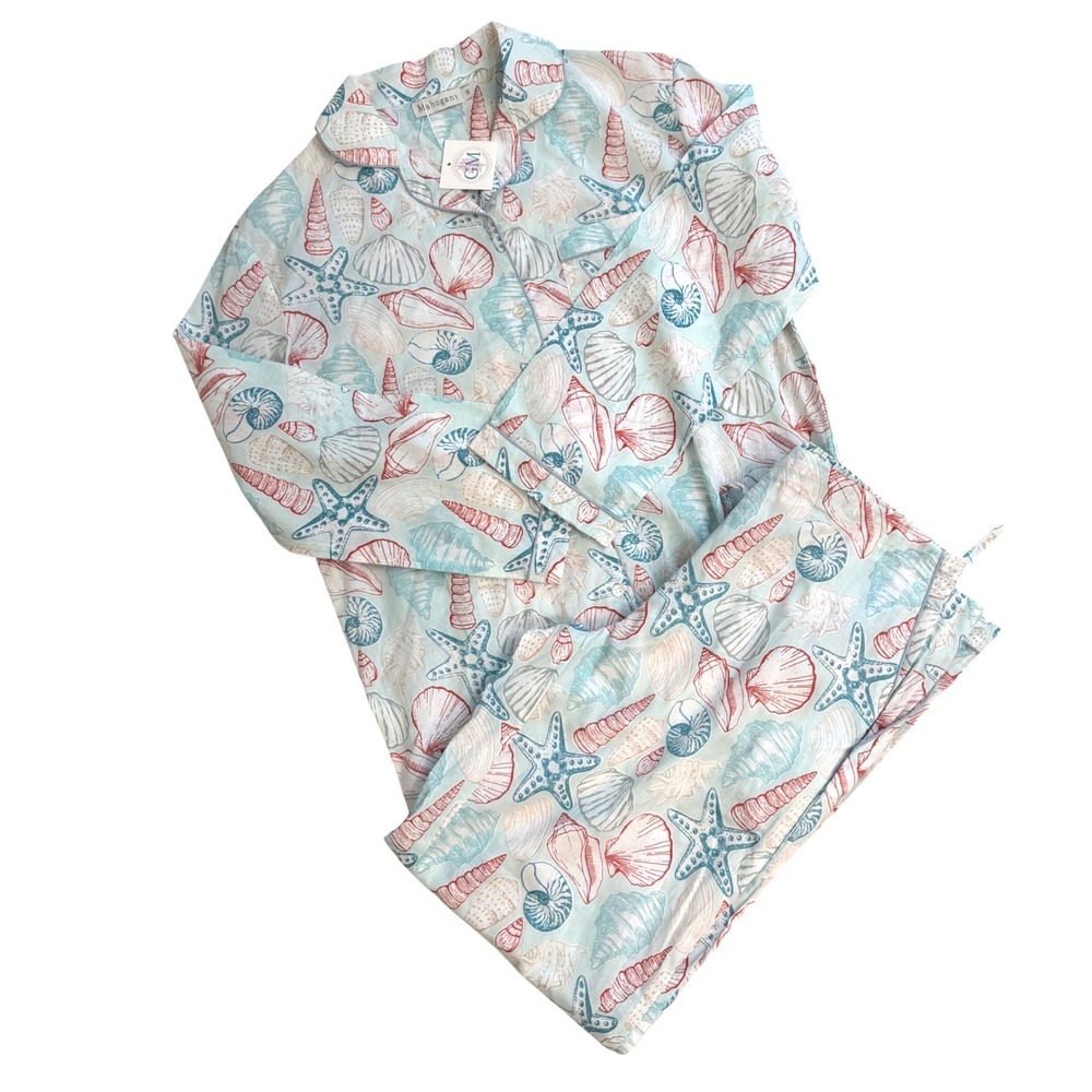 Mahogany She Saw Seashells Beach PJ Set Womens S Cotton Long Sleeve Pajamas NEW